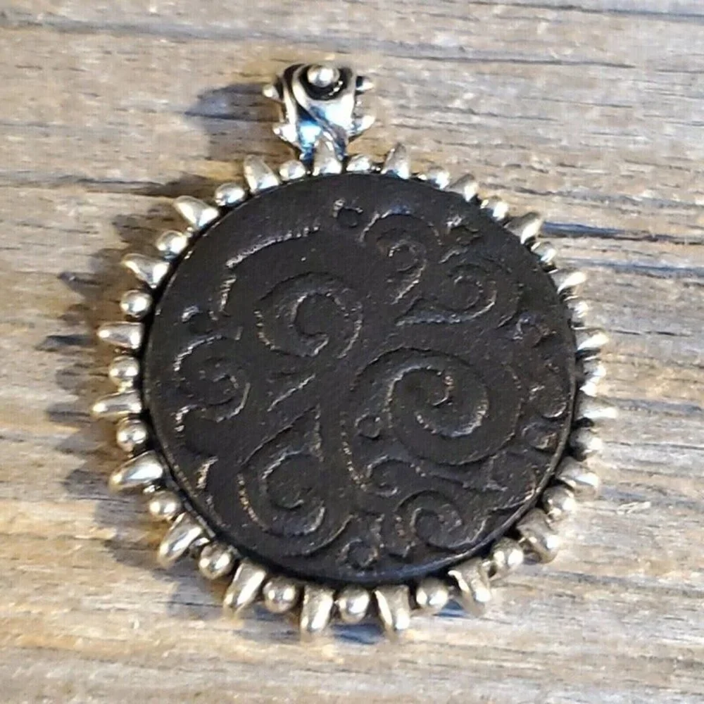 Y2K Vintage Black Leather Embossed Swirls Bali Style Bail Silver Pewter Pendant